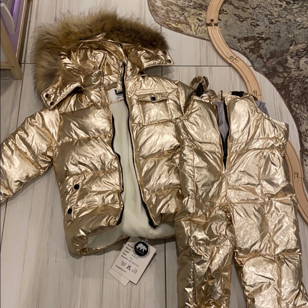 NWT gold down fur coat and snow pants set 6t